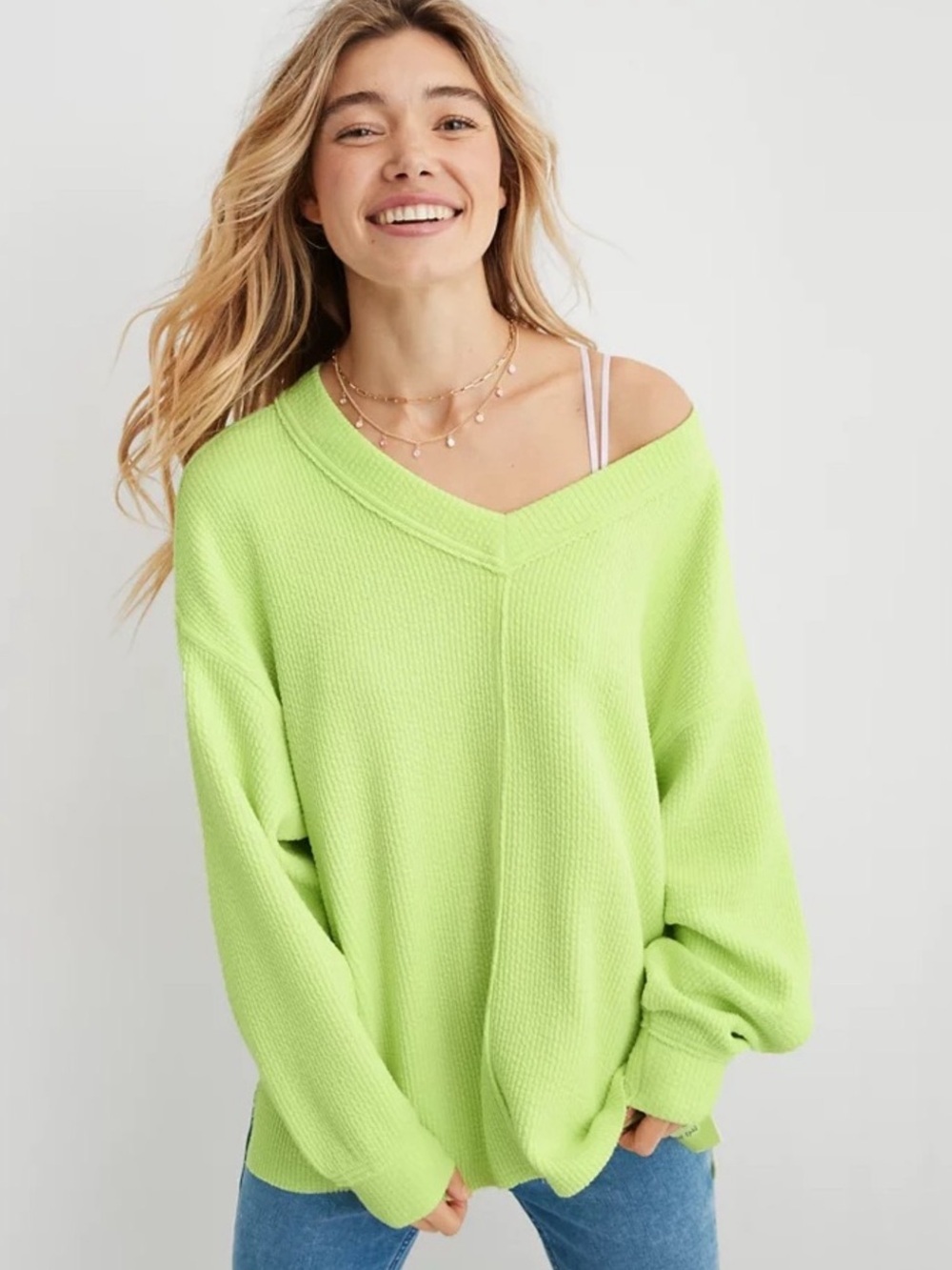 Aerie Wonder Textured V-Neck Sweatshirt Green Glow Oversized Loungewear Neon